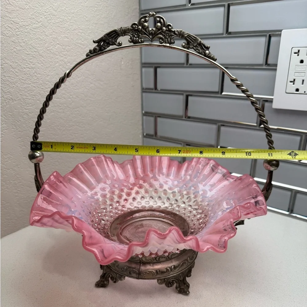Vintage Bride's Basket Fenton Pink Hobnail Ruffled Bowl with Metal Holder